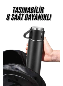 Termos Seti 3'lü Bardak Seti Isı Dayanıklı Siyah Paslanmaz Çelik Vakumlu