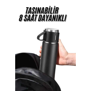 Termos Seti 3'lü Bardak Seti Isı Dayanıklı Siyah Paslanmaz Çelik Vakumlu