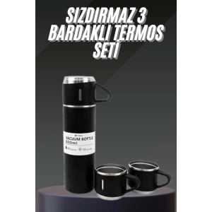 Termos Seti Paslanmaz Çelik 3 Bardaklı Vakumlu Termos Set 500 Ml 12 Saate Kadar Isı Koruma