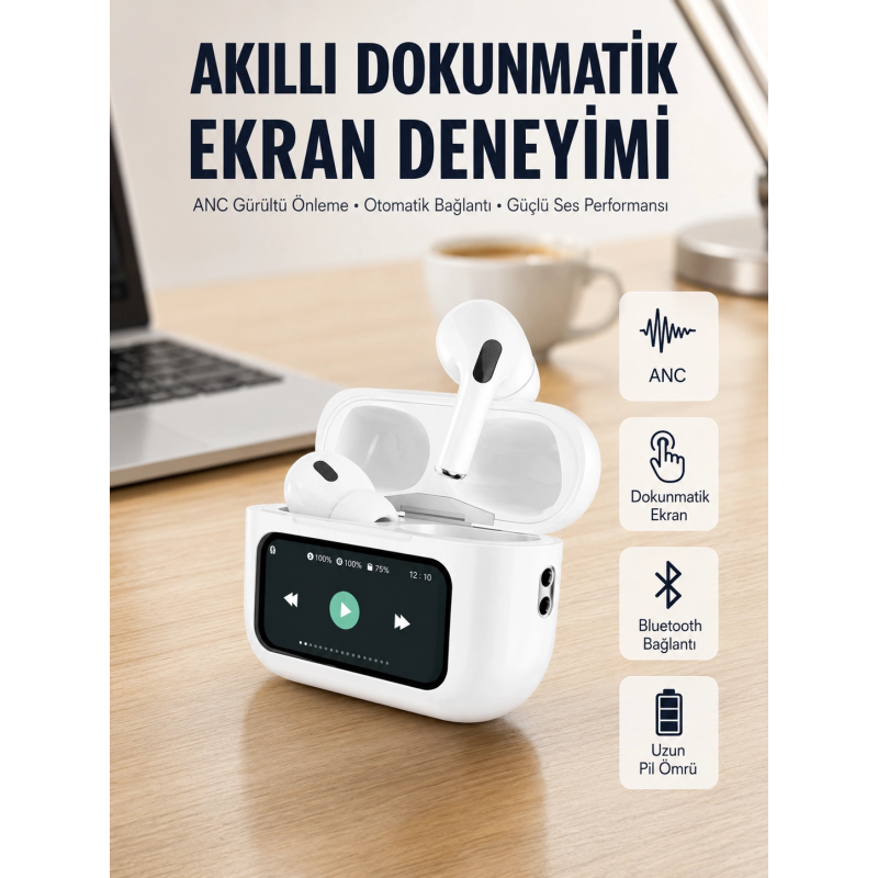 Tüm Telefonlarla Uyumlu Anc Özellikli Dokunmatik Bluetooth Kulaklık Yeni Nesil Tüm Telefonlarla Uyumlu Anc Özellikli Dokunmatik Bluetooth Kulaklık Yeni Nesil