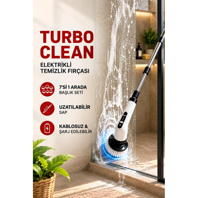 Turbo Clean Elektrikli Temizlik Fırçası 7 Başlıklı Kablosuz Şarjlı Döner Fırça Turbo Clean Elektrikli Temizlik Fırçası 7 Başlıklı Kablosuz Şarjlı Döner Fırça