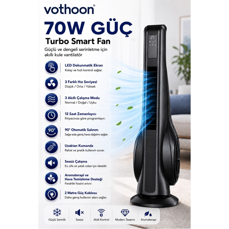 Turbo Smart Akıllı Fan Led Ekranlı Kumandalı 90° Hareketli Serinletici Soğutucu Kule Tipi Vantilatör Turbo Smart Akıllı Fan Led Ekranlı Kumandalı 90° Hareketli Serinletici Soğutucu Kule Tipi Vantilatör