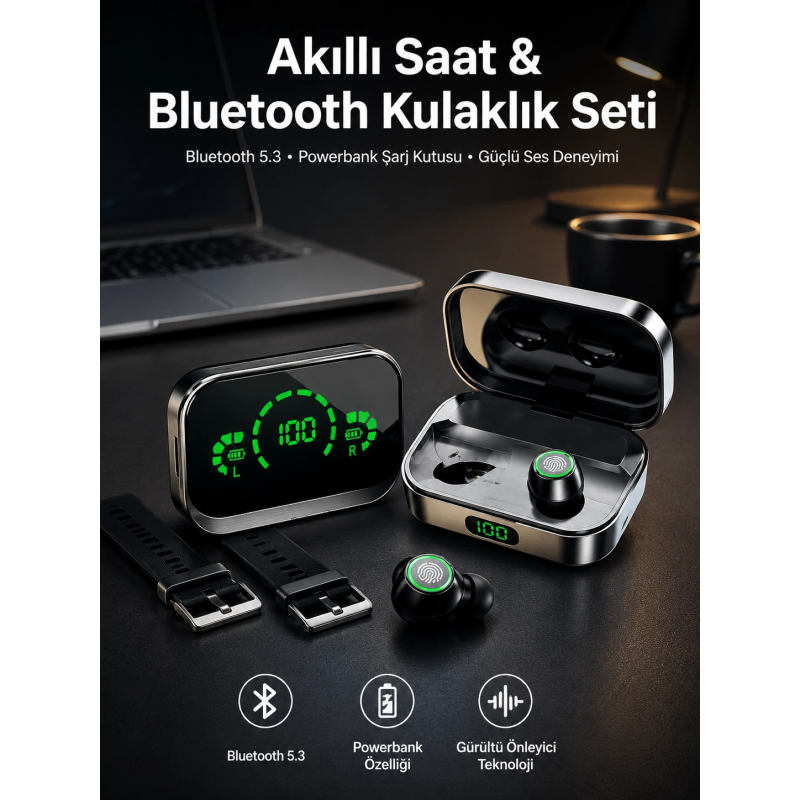 Tws Bluetooth Kulaklık Ve Akıllı Saat Uyku Takibi Nabız Ölçer Uzun Pil Ömrü Tws Bluetooth Kulaklık Ve Akıllı Saat Uyku Takibi Nabız Ölçer Uzun Pil Ömrü