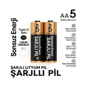 Type-c Şarjlı 2800mwh 1.5v Şarj Edilebilir 2’li Aa5 Kalın Pil - Lityum Iyon Batarya