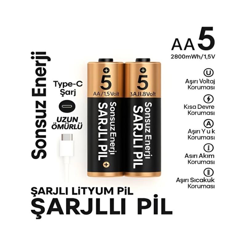 Type-c Şarjlı 2800mwh 1.5v Şarj Edilebilir 2’li Aa5 Kalın Pil - Lityum Iyon Batarya Type-c Şarjlı 2800mwh 1.5v Şarj Edilebilir 2’li Aa5 Kalın Pil - Lityum Iyon Batarya