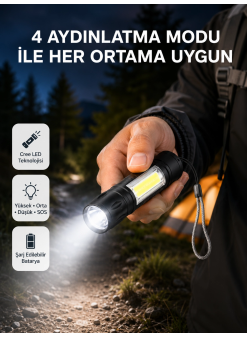 Ultra Dayanıklı 4 Mod Şarjlı Işıldak | Suya Ve Darbeye Dayanıklı | 100.000 Saat Led Ömrü