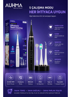 Ultrasonic Şarjlı Elektrikli Akıllı Diş Temizleme Cihazı Beyazlatıcı 5 Mod 3+1 Başlık, Ipx8 Su Geçirmez Siyah