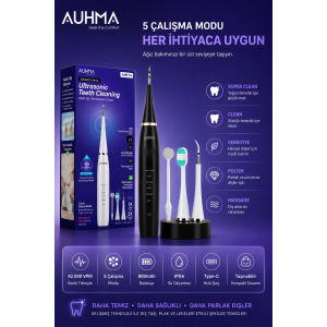 Ultrasonic Şarjlı Elektrikli Akıllı Diş Temizleme Cihazı Beyazlatıcı 5 Mod 3+1 Başlık, Ipx8 Su Geçirmez Siyah
