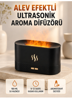 Ultrasonik Aromaterapi Difüzörü 180 Ml Hazneli Dekoratif Alev Efektli Nemlendirici