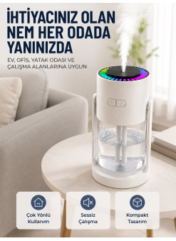 Ultrasonik Hava Nemlendirici Renkli Led Işıklı Sessiz Oda Nemlendirme Cihazı