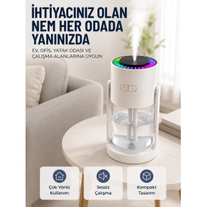 Ultrasonik Hava Nemlendirici Renkli Led Işıklı Sessiz Oda Nemlendirme Cihazı