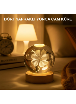Usb Bağlantılı Yonca Bitkili Cam Küre Ahşap Altlıklı Dekoratif Lamba