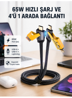 Usb-c Usb-a 4’ü 1 Arada Örgülü Kablo 65w Hızlı Şarj Metal Uç Dayanıklı