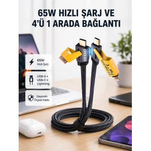 Usb-c Usb-a 4’ü 1 Arada Örgülü Kablo 65w Hızlı Şarj Metal Uç Dayanıklı