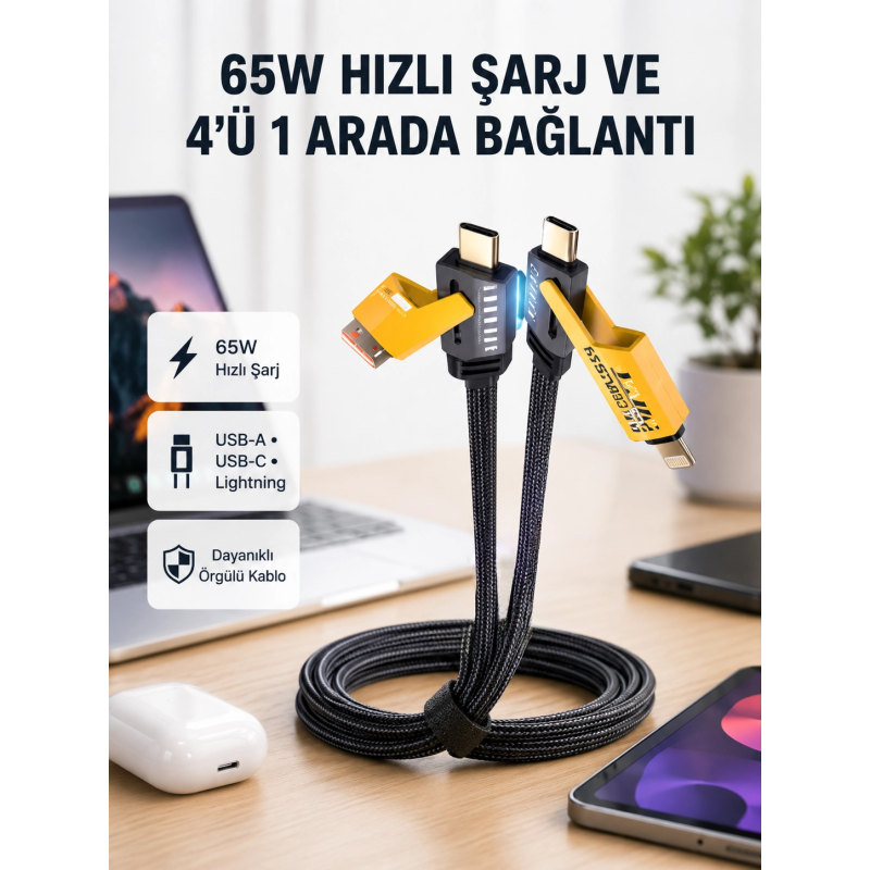 Usb-c Usb-a 4’ü 1 Arada Örgülü Kablo 65w Hızlı Şarj Metal Uç Dayanıklı Usb-c Usb-a 4’ü 1 Arada Örgülü Kablo 65w Hızlı Şarj Metal Uç Dayanıklı