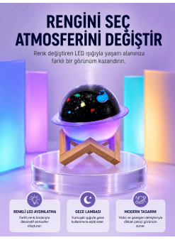 Usb İle Çalışan Projektörlü Aromaterapi Nemlendirici Masaüstü Kullanım İçin Uygun