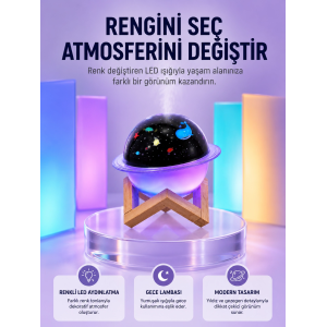 Usb İle Çalışan Projektörlü Aromaterapi Nemlendirici Masaüstü Kullanım İçin Uygun