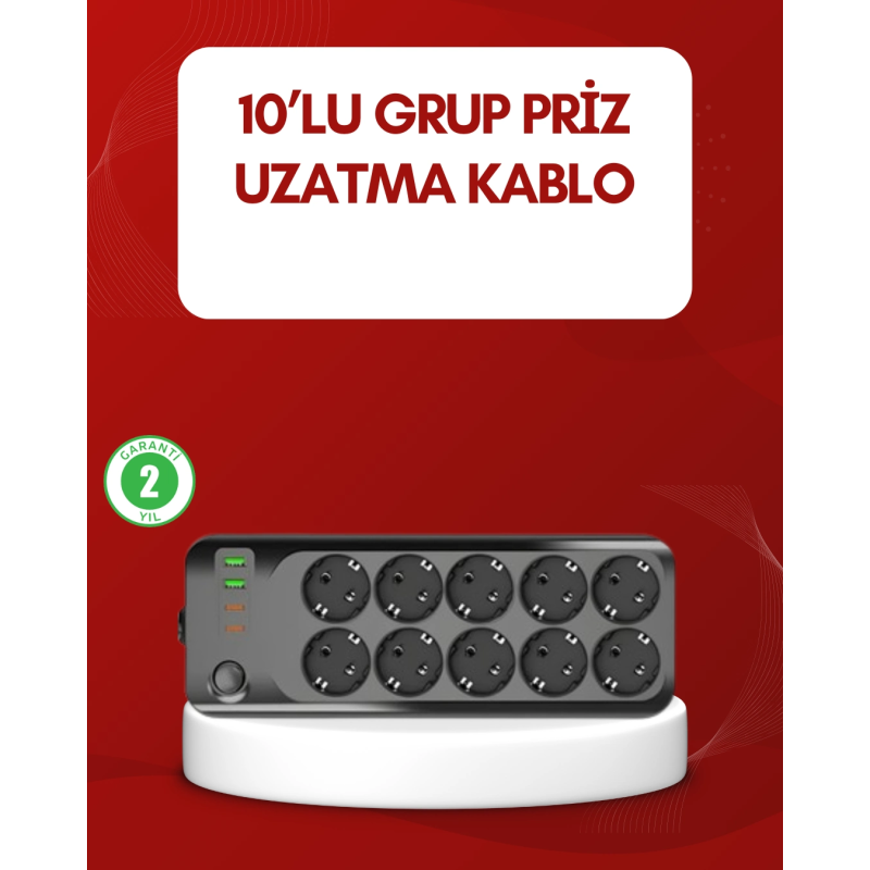 Usb Type-c Destekli 10’lu Grup Priz Termal Korumalı 2m Kablo 2500w