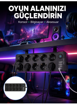 Usb Ve Type-c Çıkışlı 10'lu Akım Korumalı Çoklu Priz Güç Dağıtıcı