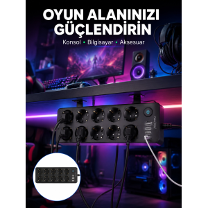 Usb Ve Type-c Çıkışlı 10'lu Akım Korumalı Çoklu Priz Güç Dağıtıcı