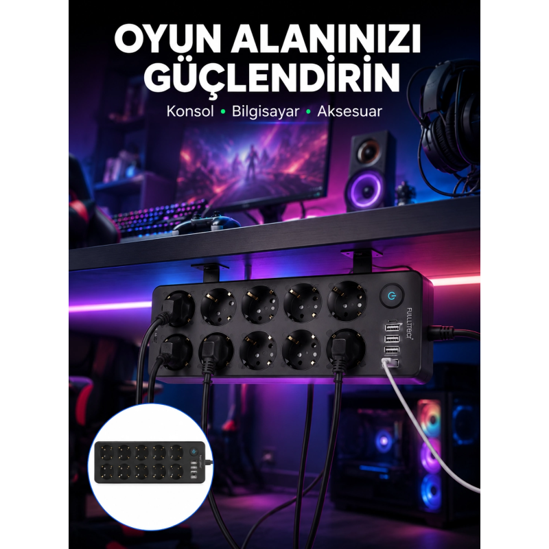 Usb Ve Type-c Çıkışlı 10'lu Akım Korumalı Çoklu Priz Güç Dağıtıcı Usb Ve Type-c Çıkışlı 10'lu Akım Korumalı Çoklu Priz Güç Dağıtıcı