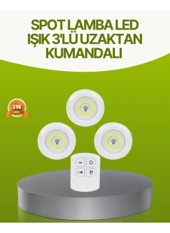 Uzaktan Kumandalı 3 Lü Kablosuz Led Spot Lamba Seti Yapışkanlı Pratik Kullanım
