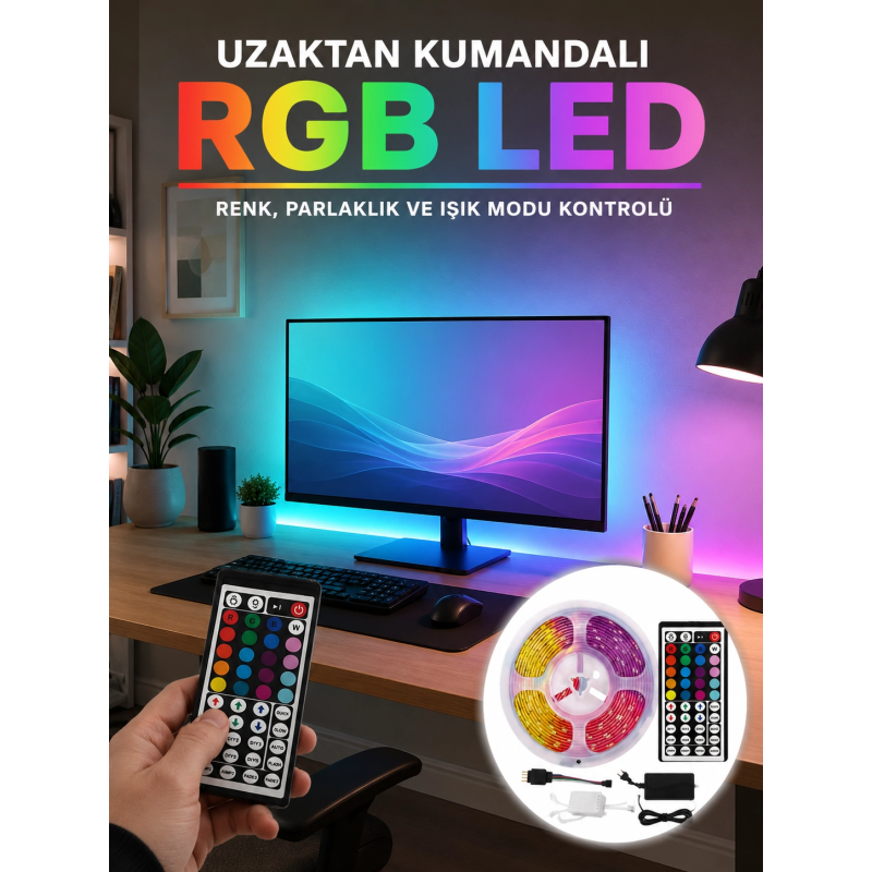 Uzaktan Kumandalı Rgb Şerit Led 5 Metre 12v 5050 Smd Çok Renkli Dekoratif Işık Seti Uzaktan Kumandalı Rgb Şerit Led 5 Metre 12v 5050 Smd Çok Renkli Dekoratif Işık Seti