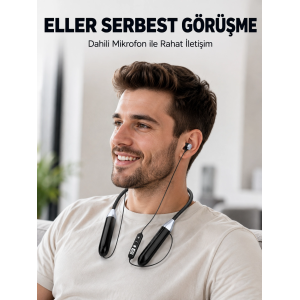 Uzun Kullanım Süreli Bluetooth Kulaklık Boyun Bantlı Mikrofonlu Kablosuz Müzik Ve Görüşme Kulaklığı
