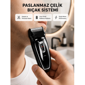 Uzun Pil Ömürlü Şarjlı Tıraş Makinesi – Hızlı Şarj, Ergonomik Tasarım, Çok Yönlü Kullanım