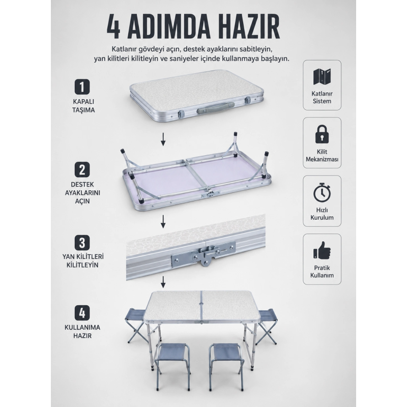Valiz Tipi Katlanabilir Piknik Masası 4 Tabureli Taşınabilir Kamp Masası Valiz Tipi Katlanabilir Piknik Masası 4 Tabureli Taşınabilir Kamp Masası