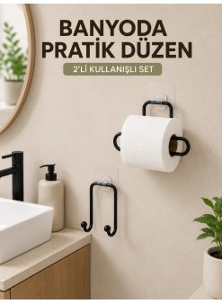 Vidasız Banyo Seti Yapışkanlı Tuvalet Kağıdı Tutucu Ve Havlu Askısı 2’li Set