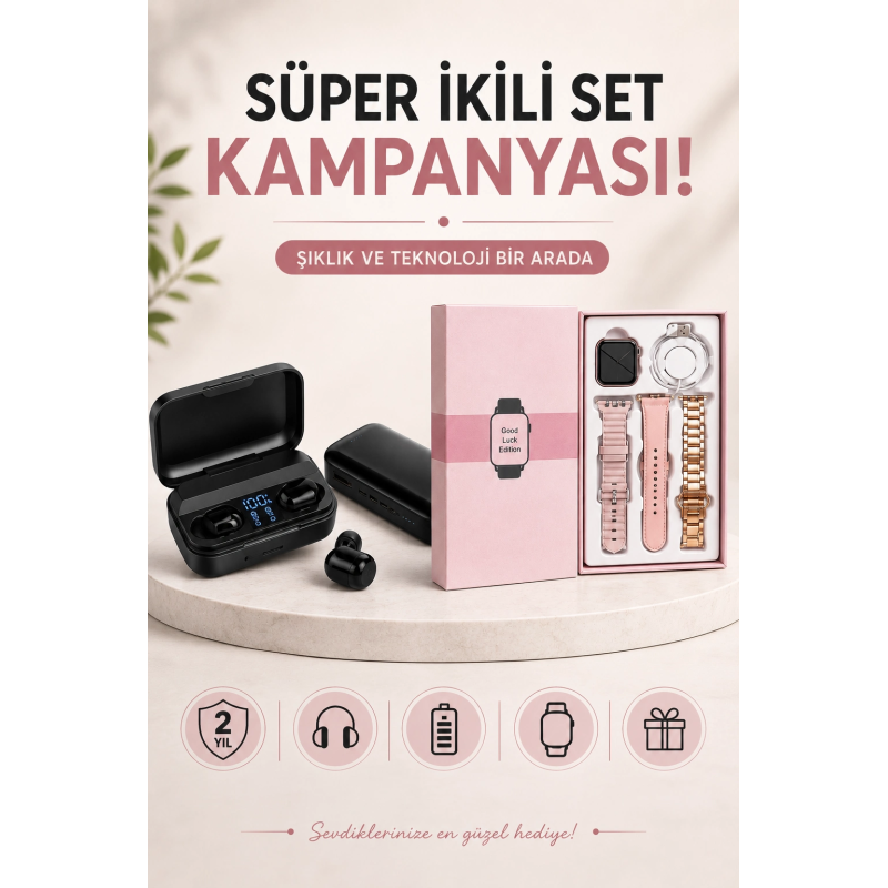 Wireless Şarjlı Pembe Akıllı Saat Ve Kablosuz Bluetooth Kulaklık Dokunmatik Kontrol Wireless Şarjlı Pembe Akıllı Saat Ve Kablosuz Bluetooth Kulaklık Dokunmatik Kontrol