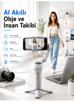Yapay Zeka Takipli Telefon Gimbali Katlanabilir Tripod Bluetooth Kontrollü Dahili Led Işıklı