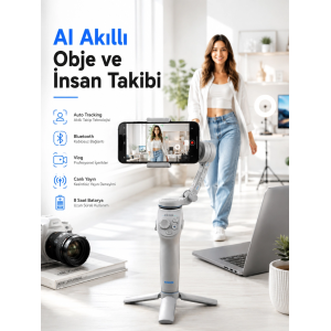 Yapay Zeka Takipli Telefon Gimbali Katlanabilir Tripod Bluetooth Kontrollü Dahili Led Işıklı