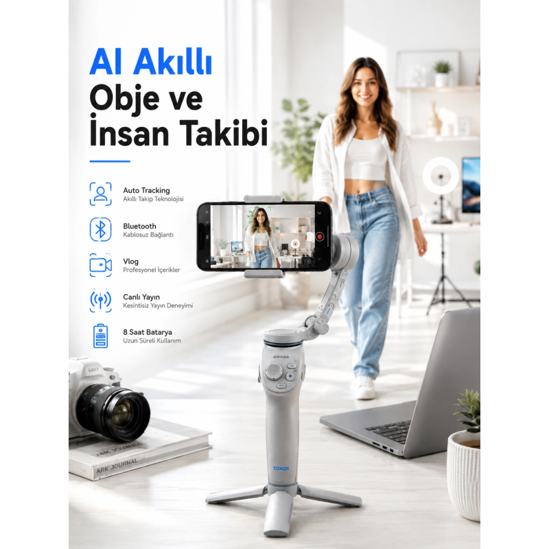 Yapay Zeka Takipli Telefon Gimbali Katlanabilir Tripod Bluetooth Kontrollü Dahili Led Işıklı Yapay Zeka Takipli Telefon Gimbali Katlanabilir Tripod Bluetooth Kontrollü Dahili Led Işıklı