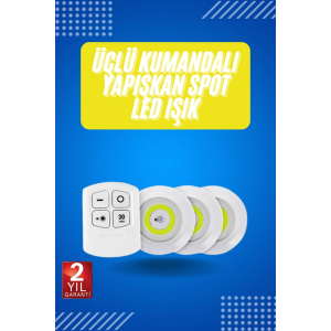 Yapışkanlı 3'lü Spot Led Işık Lamba Montajsız Pilli Uzaktan Kumandalı