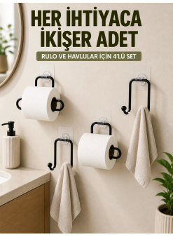 Yapışkanlı Banyo Düzenleme Seti 2 Rulo Tutucu 2 Havlu Askılığı 4 Parça