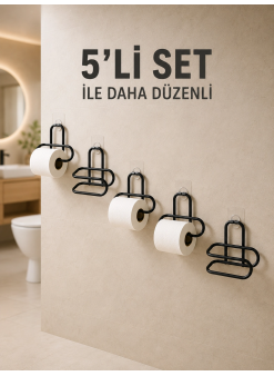 Yapışkanlı Tuvalet Kağıdı Askısı Siyah Metal Delmeden Montaj Wc Kağıtlık 5 Adet