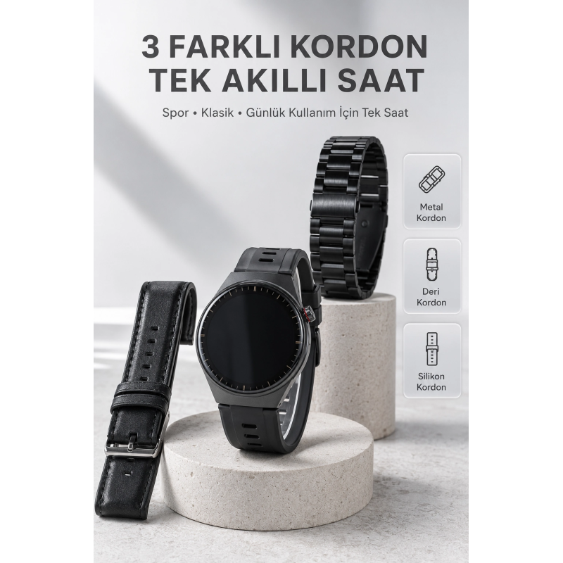 Yeni Nesil Akıllı Saat Bluetooth Görüşme, Sağlık Takibi, Amoled Ekran Ve 3 Kordon Seti Yeni Nesil Akıllı Saat Bluetooth Görüşme, Sağlık Takibi, Amoled Ekran Ve 3 Kordon Seti