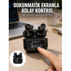 Yeni Nesil Anc Özellikli Çağrı Cevaplayan Dokunmatik Ekranlı Bluetooth Kulaklık Siyah Yeni Nesil