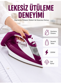 Yeni Nesil Kırmızı Buharlı Ütü 2200 Watt Seramik Tabanlı Yüksek Buhar Gücü Yeni Nesil