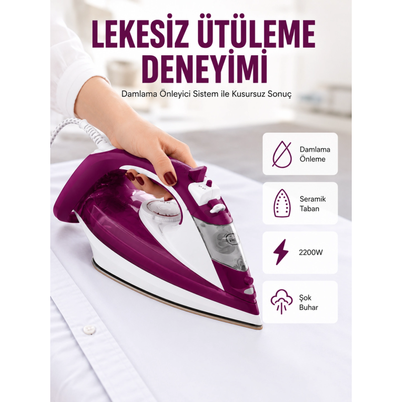 Yeni Nesil Kırmızı Buharlı Ütü 2200 Watt Seramik Tabanlı Yüksek Buhar Gücü Yeni Nesil Yeni Nesil Kırmızı Buharlı Ütü 2200 Watt Seramik Tabanlı Yüksek Buhar Gücü Yeni Nesil