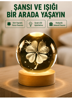 Yonca Figürlü Cam Küre Usb Işıklı Ahşap Tabanlı Dekoratif Masa Lambası