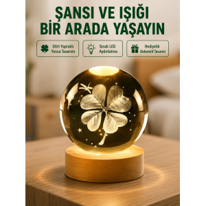 Yonca Figürlü Cam Küre Usb Işıklı Ahşap Tabanlı Dekoratif Masa Lambası