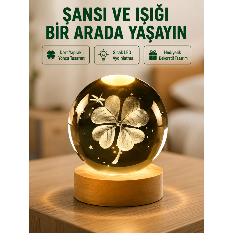 Yonca Figürlü Cam Küre Usb Işıklı Ahşap Tabanlı Dekoratif Masa Lambası Yonca Figürlü Cam Küre Usb Işıklı Ahşap Tabanlı Dekoratif Masa Lambası