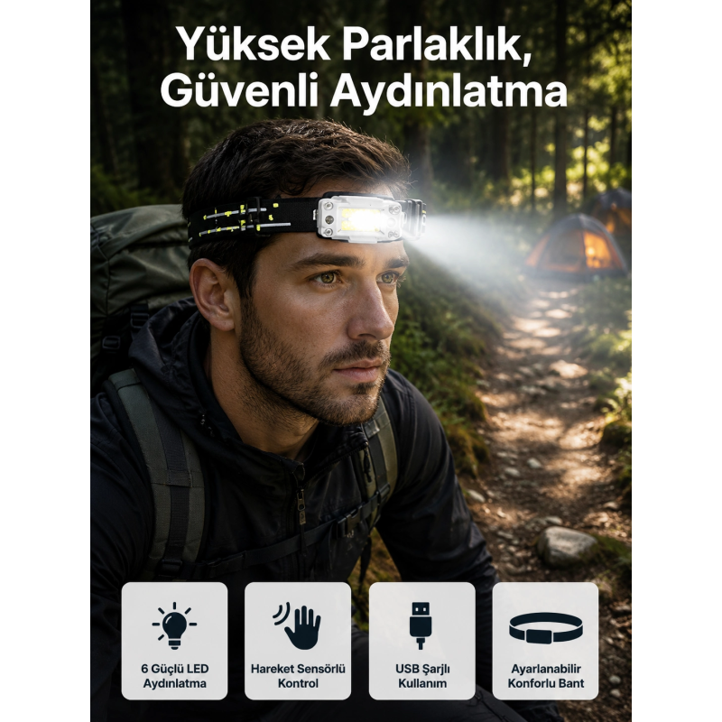Yüksek Işıklı Şarjlı Ve Sensörlü Led Kafa Lambası Kamp Lambası Yüksek Işıklı Şarjlı Ve Sensörlü Led Kafa Lambası Kamp Lambası