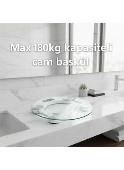 Yuvarlak Şeffaf Dijital Cam Baskül Tartı – 180 Kg Taşıma Kapasitesi, Hassas Ölçüm, Şık Tasarım Terazi